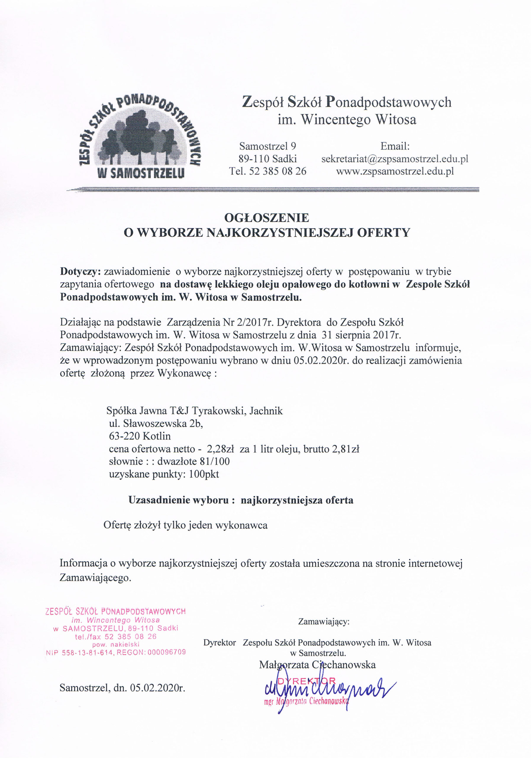 Ogłoszenia o wyborze najkorzystniejszej oferty